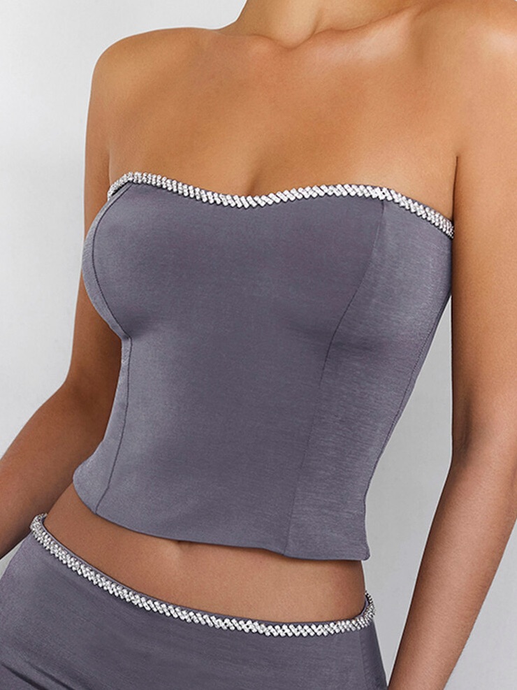 Mistress Rocks Crystal Trim Top Sz M Gray Strapless Embellished Cropped Tube Top